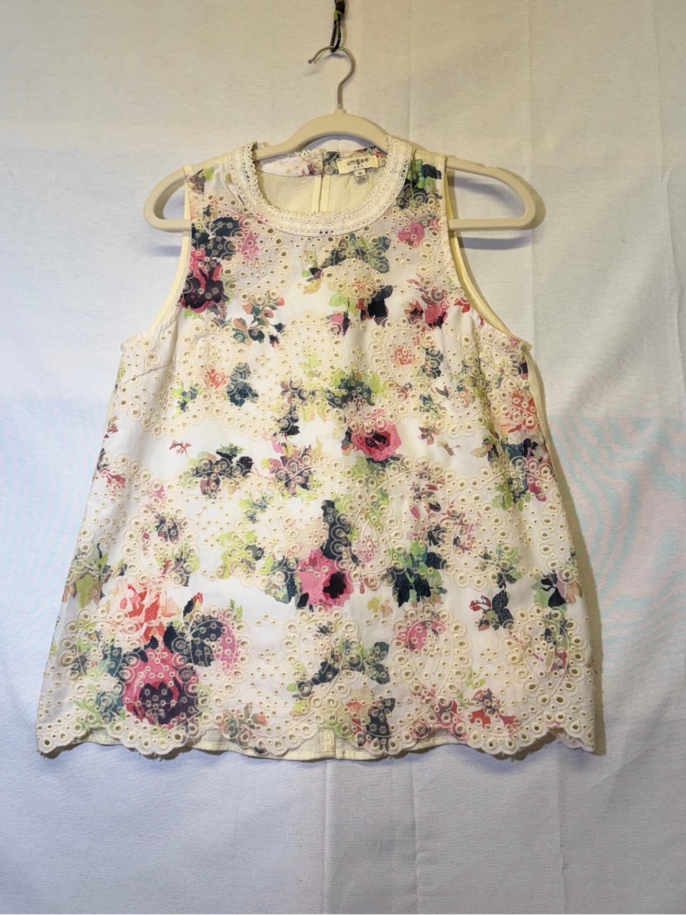 Umgee White Floral Eyelet Tank Top with Pink & Green Accents